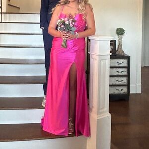 Dave & Johnny Hot Pink Satin Prom Gown with Thigh Slit